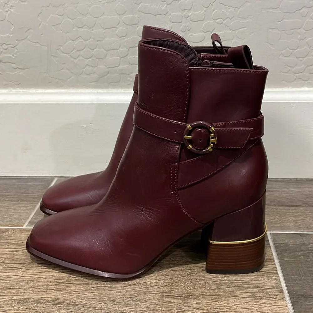 NEW Tory Burch Multi Logo Buckle Leather Heeled Boot in Claret Size 9.5